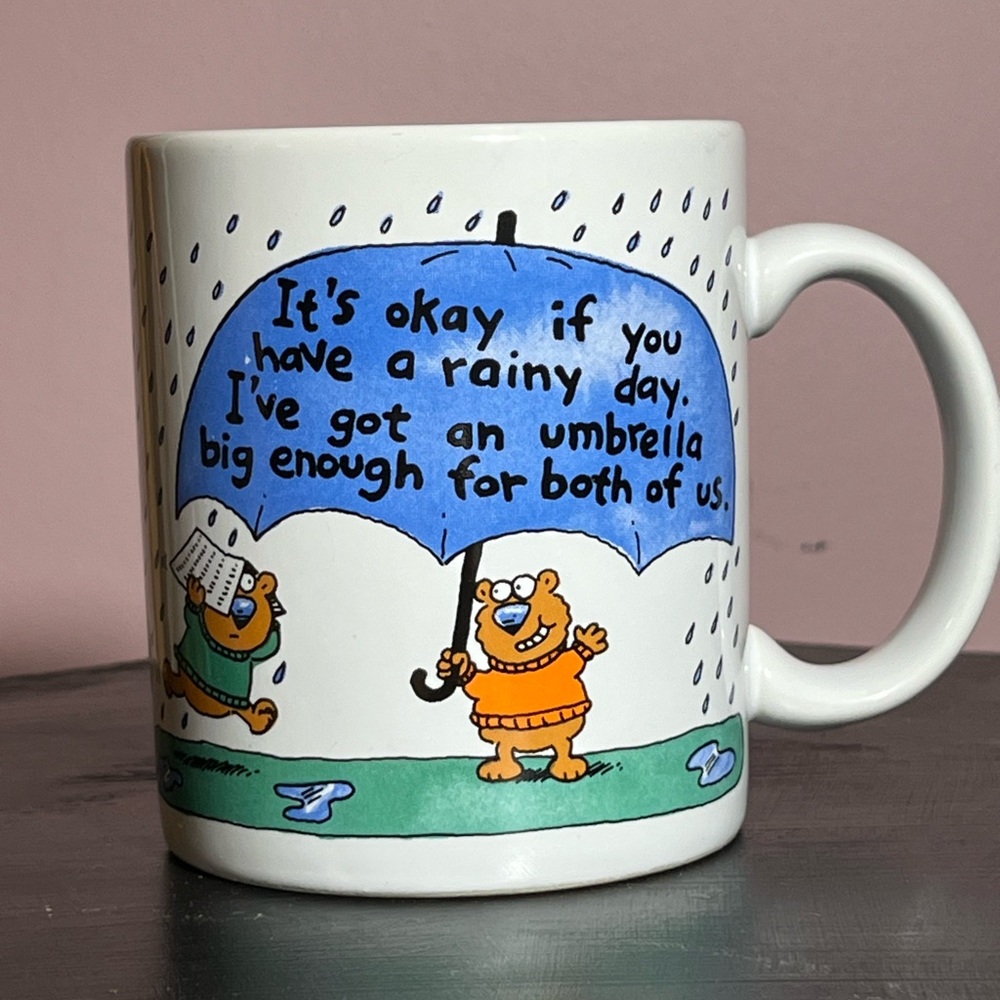 Hallmark vintage Cartoon Mug with Blue Umbrella Design -